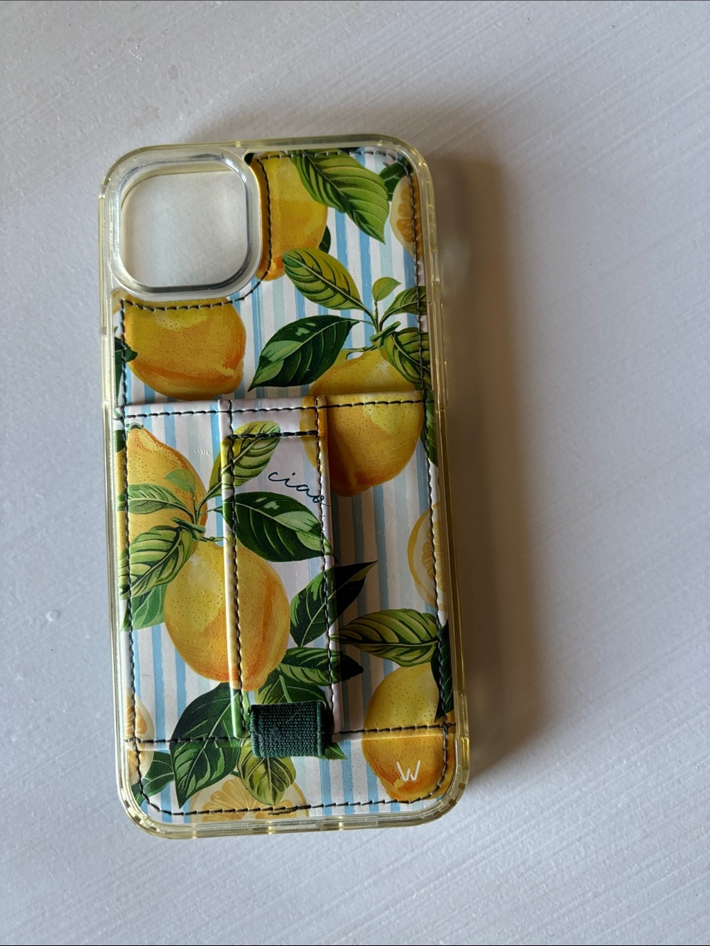 Yellow Lemon Print Phone Card Case with Grip Strap - Walli.
